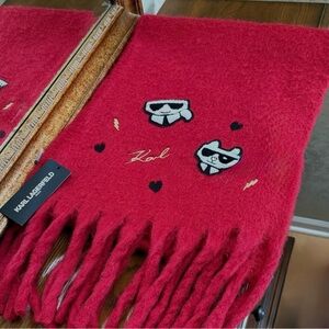 Karl Red Scarf with Iconic Embroidery. 58% polyester. 42% acrylic.